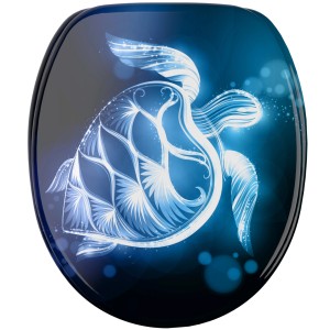 SANILO WC-Sitz Glow Turtle mit Absenkautomatik, blauem Schildkröten-Design.