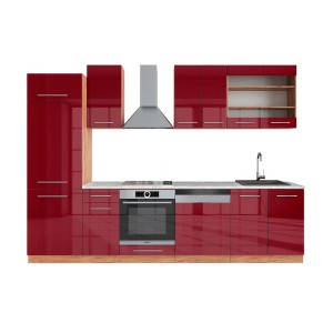 Moderne Küchenzeile in Bordeaux Hochglanz und Eiche Dekor mit Marmor Arbeitsplatte, 300 cm breit.