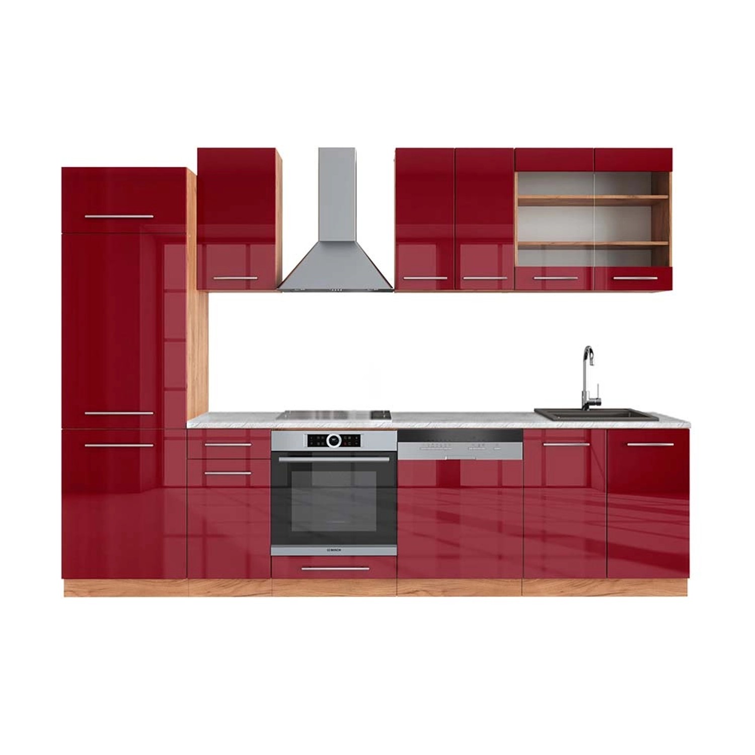 Vicco Fame-Line Küchenzeile Bordeaux Hochglanz/Goldkraft Eiche 300 cm AP Ma günstig online kaufen