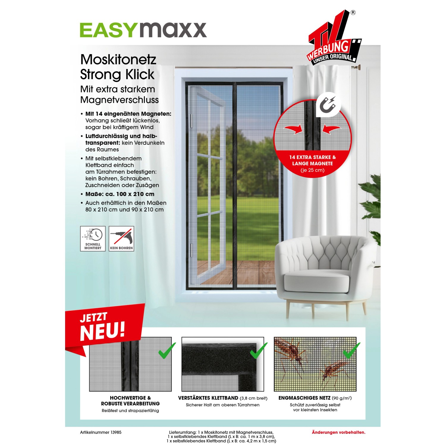 Easymaxx Moskitonetz mit Magnetverschluss, 100x210 cm, schwarz. Insektenschutz für Türen.