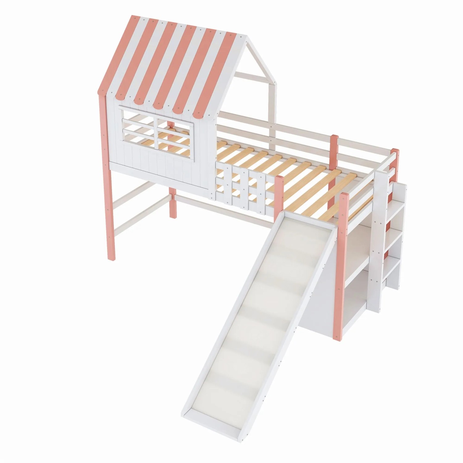 okwish Hochbett 90x200cm mit Sicherheitsrutsche und Ablagefächern Rosa ohne Matratze