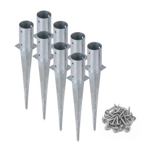 8 silberne, verzinkte HOLLMAX Einschlaghülsen für 81mm Rundpfosten mit Schrauben. Ideal für Pfostenträger.