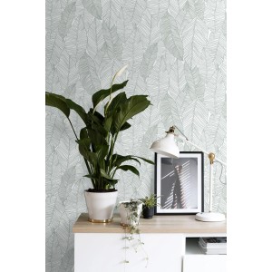 ESTAhome Vliestapete mit gezeichneten Blättern in Grün für eine tropische Wandgestaltung.