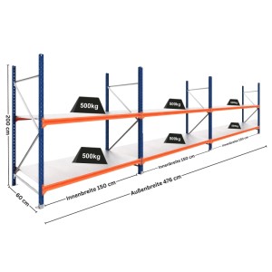PROREGAL DOMINUS Schwerlastregal, blau-orange, 3 Felder, 2 Ebenen, 500 kg Fachlast. Maße: 200x476x60cm.