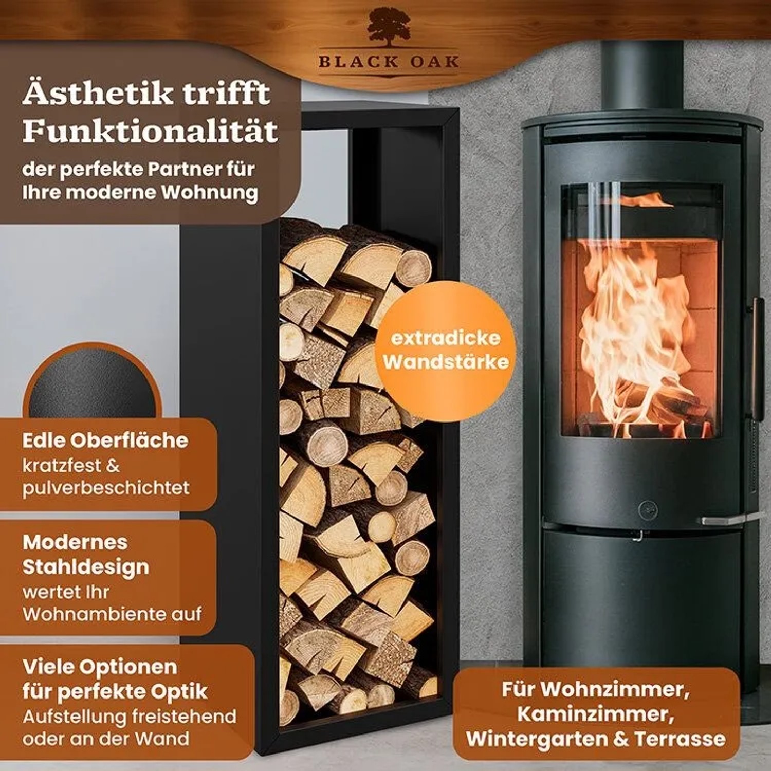 BLACK OAK Kaminholzregal YELLOWSTONE aus pulverbeschichtetem Stahl für Kaminholz im Innenbereich.