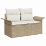 Beiges 9-tlg. vidaXL Garten-Sofa-Set aus Poly Rattan mit Stauraum und Kissen.