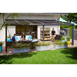 Terrassenüberdachung Garda, 648x307 cm, Aluminium Anthrazit mit Polycarbonat-Doppelstegplatten.
