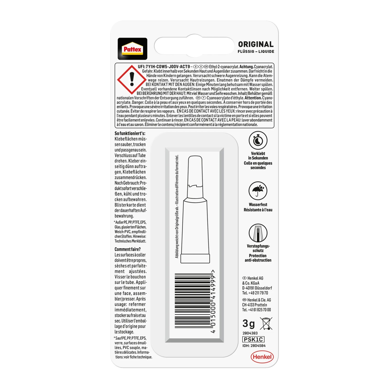 Pattex Sekundenkleber Flüssig 3g Tube, farblos, für schnelle Reparaturen in Haushalt & Werkstatt.