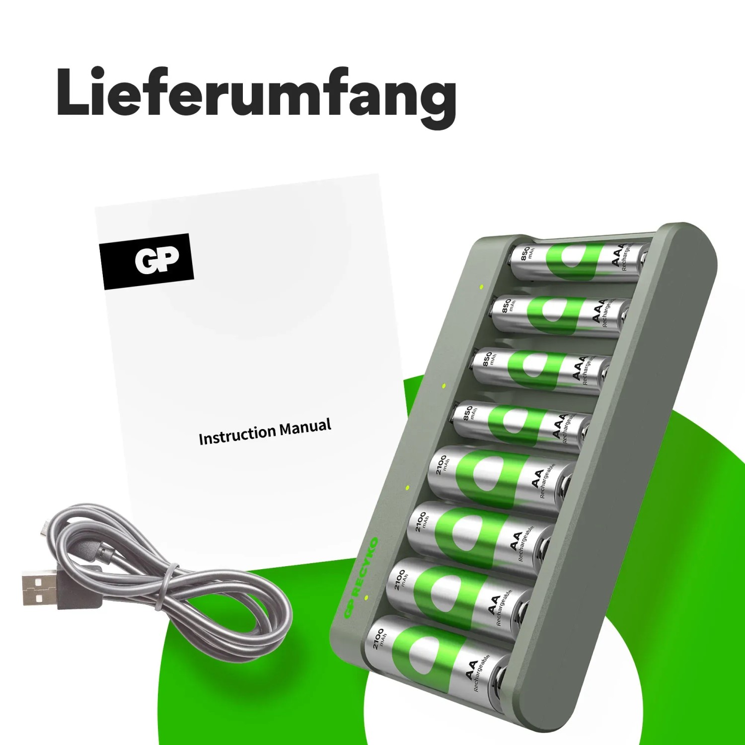 GP Akku-Ladegerät E821 mit 4 AA- und 4 AAA-Akkus, USB-Kabel und Anleitung.
