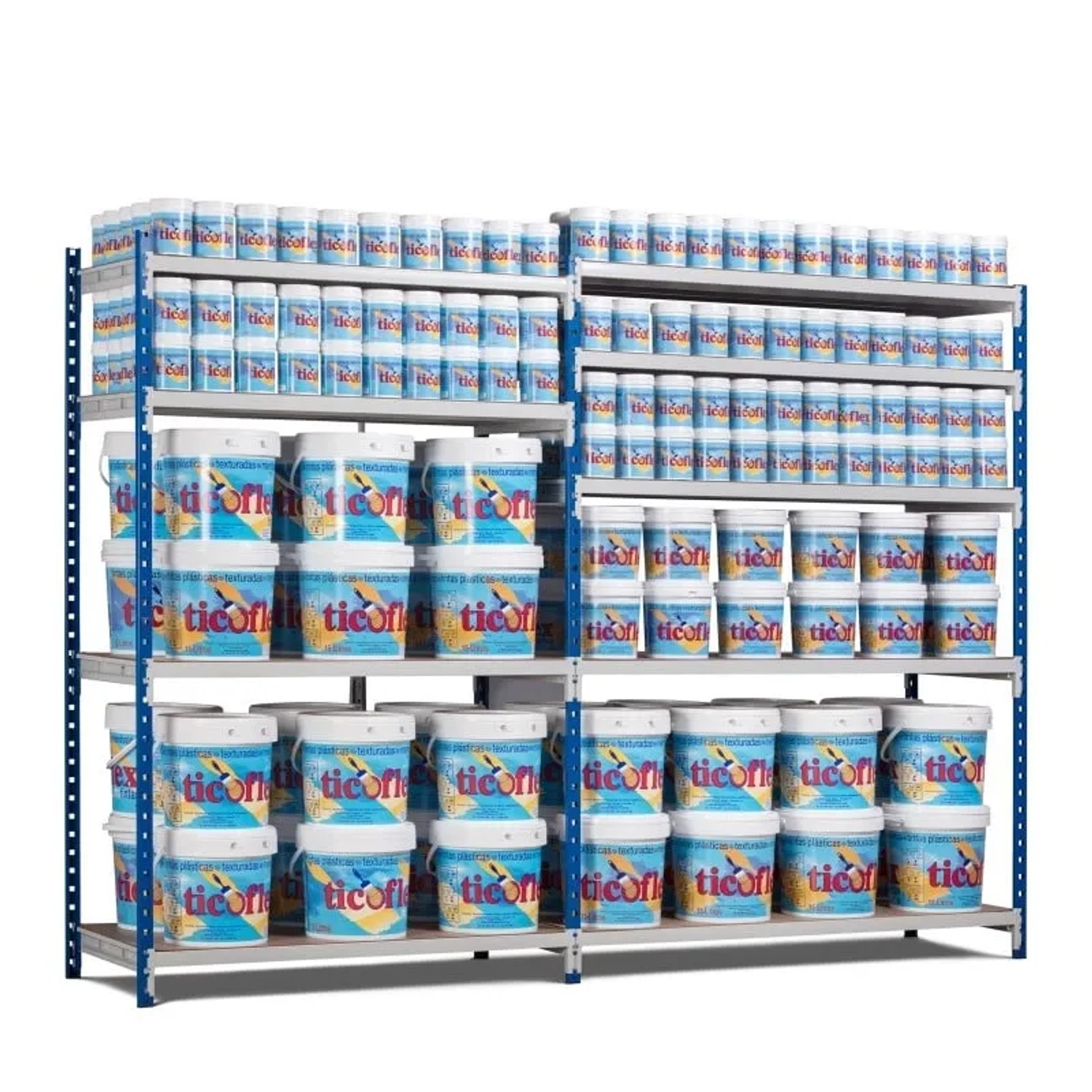 PROREGAL Fachbodenregal Maximus Pro mit 4 Ebenen, lichtblau-lichtgrau, beladen mit Farbeimern und Dosen.