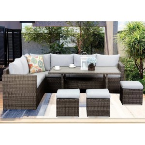 Graues MeXo XXL Gartenlounge Set aus Polyrattan mit Esstisch und Hockern für 8 Personen.