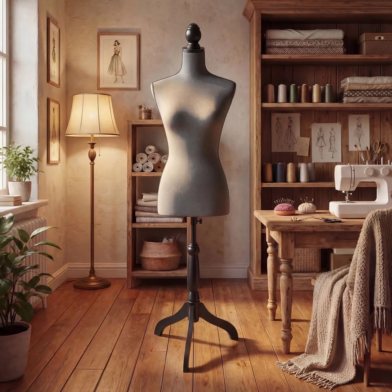 Grauer Stoff-Ersatzbezug für Schneiderpuppe Q24, auf Puppe im Näh-Atelier. Ideal für Atelier, Schneiderei.
