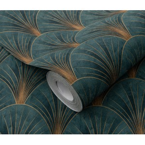 Erismann Vliestapete Elle Decoration 4 Avantgarde Petrol mit Art Deco Fächer-Design.