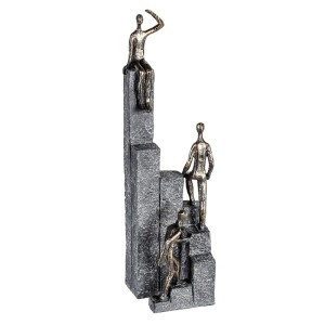Gilde Skulptur Climbing aus Kunstharz, bronzefarben/grau. Drei Figuren erklimmen eine strukturierte Säule. Dekorative Figur 39 cm.