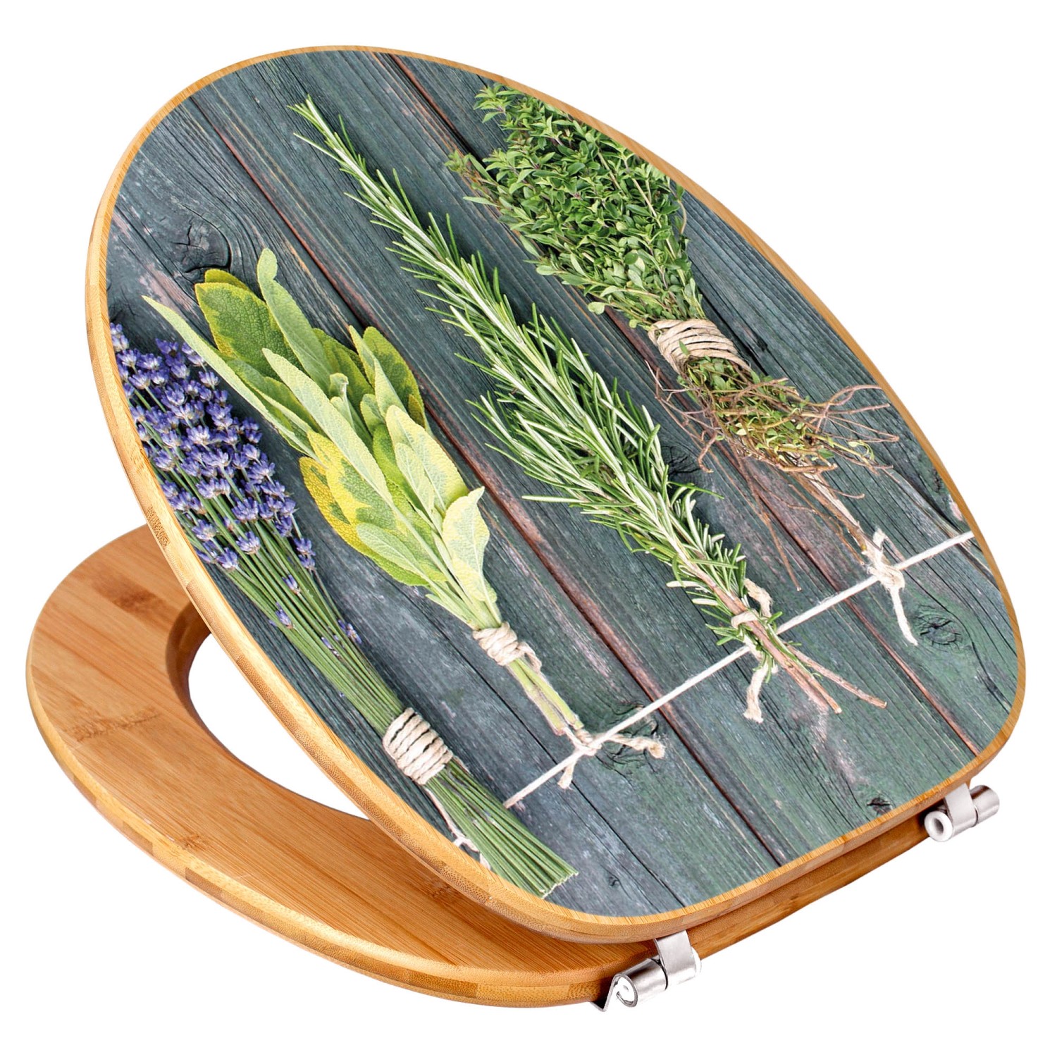 Banjado WC-Sitz aus Bambus mit Kräuter-Motiv. Toilettendeckel aus Holz mit Universal-Scharnieren.
