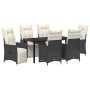 Schwarze 7-teilige vidaXL Garten Essgruppe aus Poly Rattan mit Tisch und Stühlen mit Kissen.