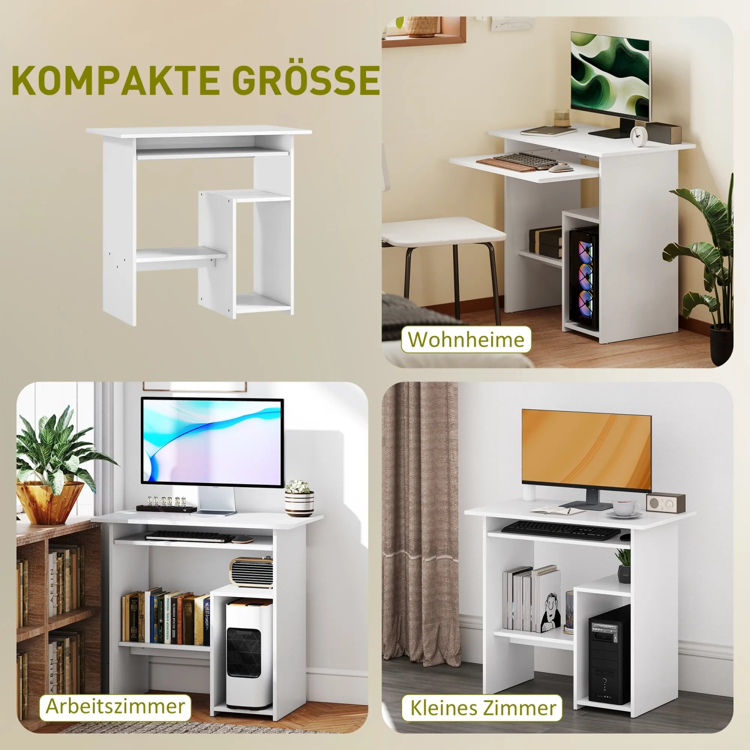 Weißer HOMCOM Computertisch mit Tastaturauszug und Ablagefächern, ideal für kleine Räume.