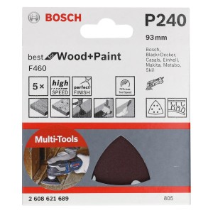 Bosch Delta-Schleifblätter F460, 5er-Pack, Körnung 240 für Holz und Farbe.