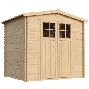 Timbela Holz-Gartenhaus M369F, beige-braun, mit Doppeltür und Fenster.