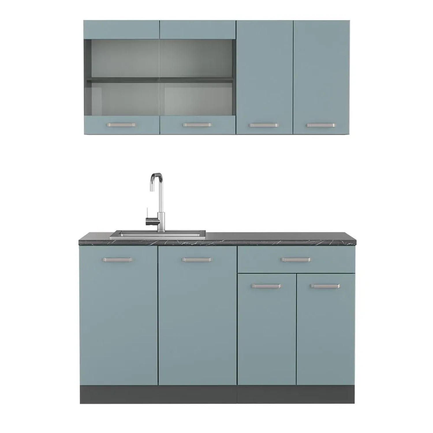 Vicco R-Line Singleküche Blau-Grau Anthrazit 140 cm AP Anthrazit ohne E-Geräte