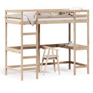 Hochbett mit Schreibtisch aus Kiefernholz, 100x200 cm, ideal für kleine Räume.