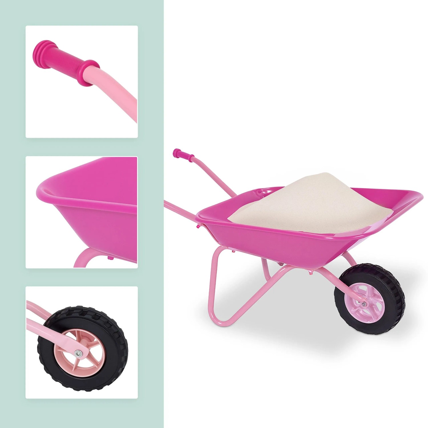 Rosafarbene Kinderschubkarre aus Metall mit schwarzem Gummirad, gefüllt mit Sand. Für Garten & Sandkasten.