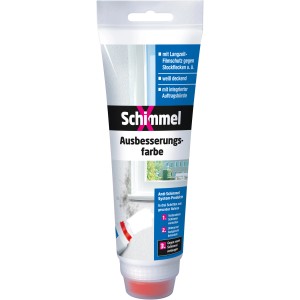 Tube SchimmelX Ausbesserungsfarbe 250ml mit integrierter Bürste, weiß deckend.