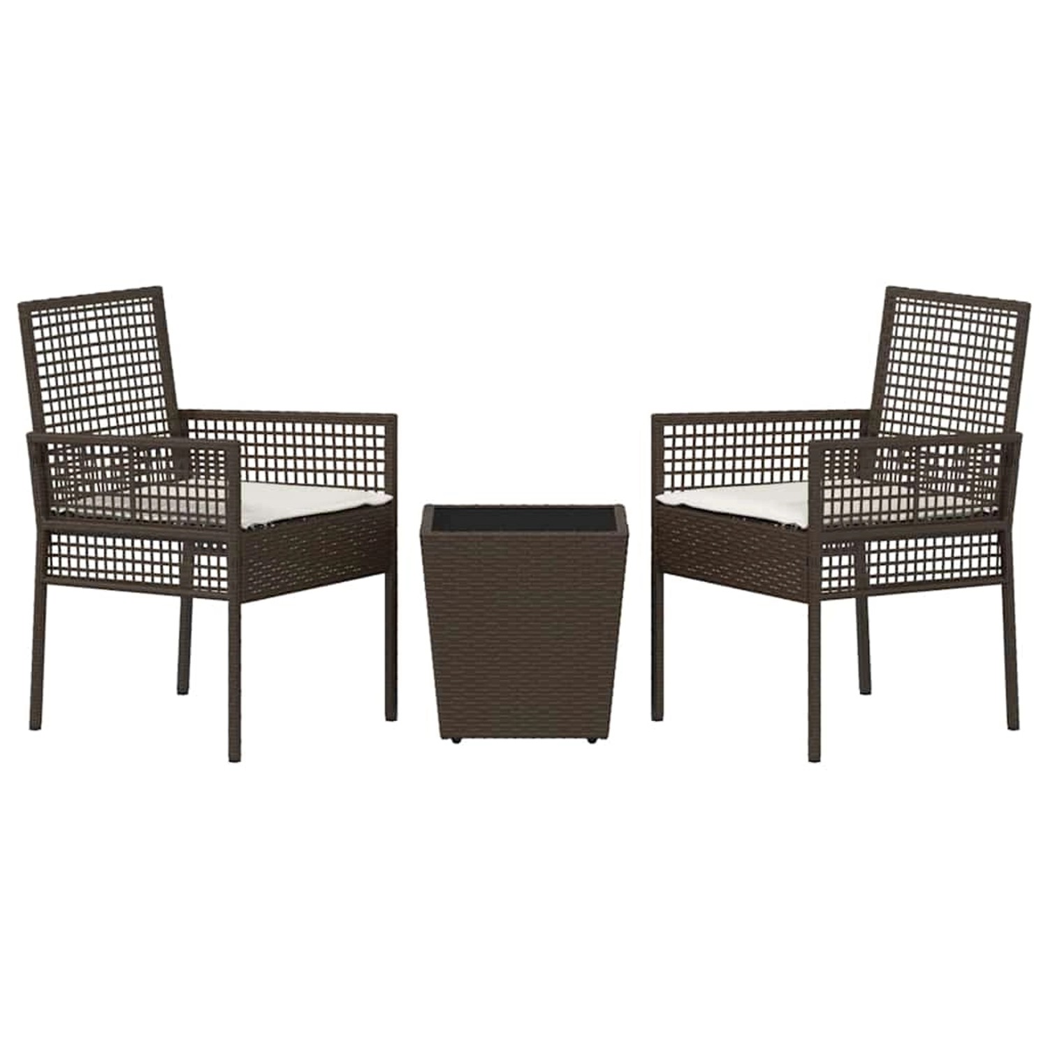 Braunes 3-tlg. vidaXL Garten Bistro Set aus Poly Rattan mit Tisch und zwei Stühlen mit Kissen.