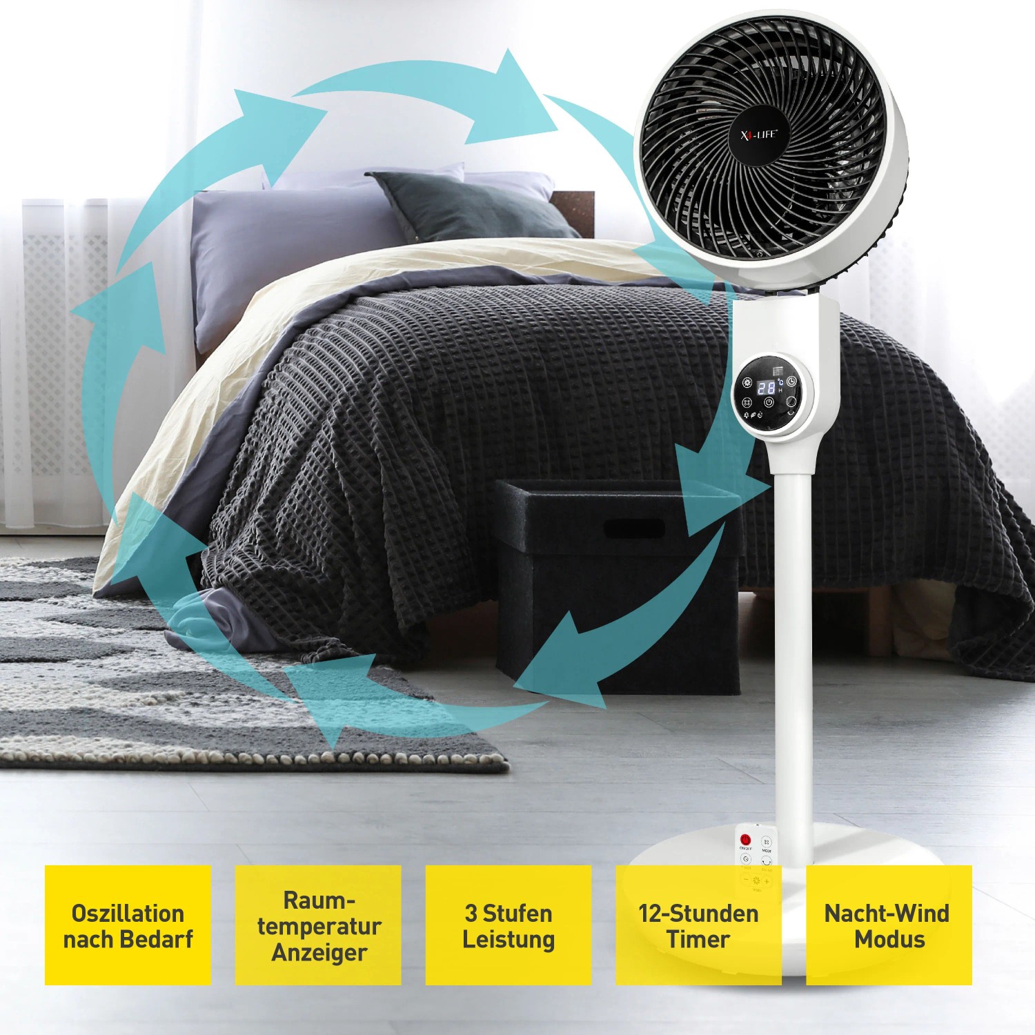 Weißer Vornado Standventilator X4-Life Pinguin DX mit Oszillation vor einem Bett.