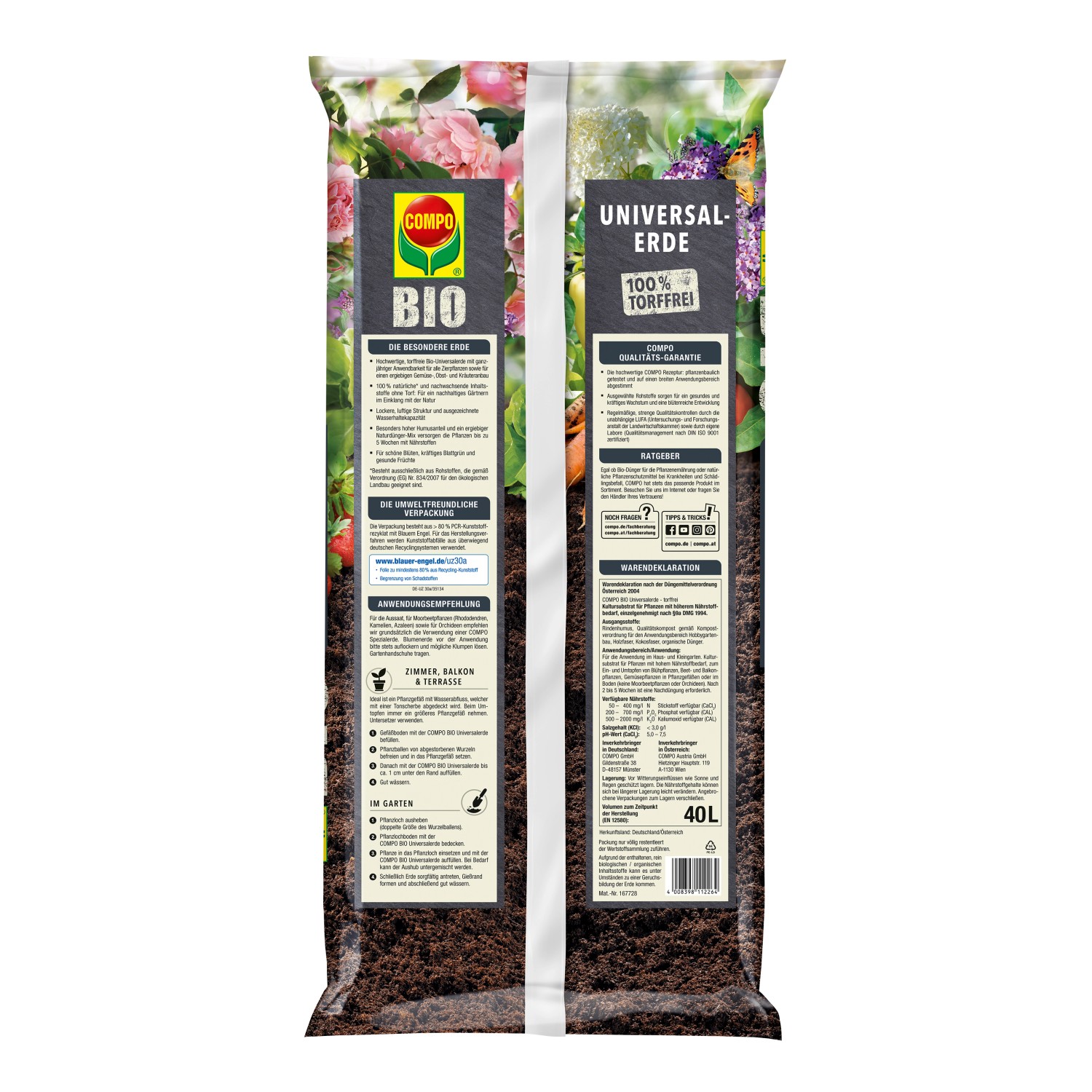 Sack Compo Bio Universal-Erde, torffrei, 40 l. Blumenerde für Garten, Balkon und Terrasse.