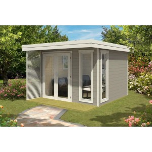 Modernes, graues Alpholz Gartenhaus Aldo-28 mit Flachdach und Anbaudach im Garten.