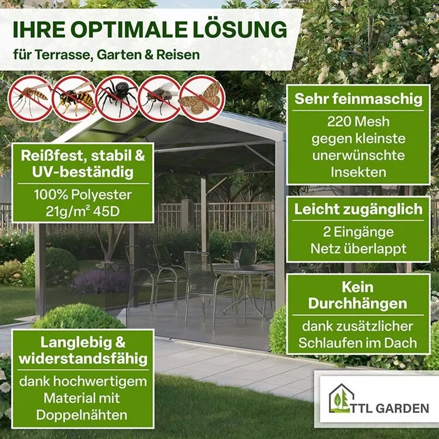 Schwarzes TTL GARDEN Moskitonetz DELUXE XL 300x300x250 cm für Betten, Terrassen und mehr. Insektenschutz mit 2 Eingängen.