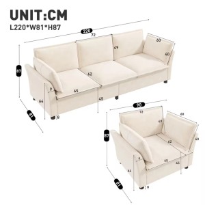 Beiges Merax Modulsofa Set: 3-Sitzer und Sessel. Chenille Bezug. Technische Zeichnung mit Maßen.