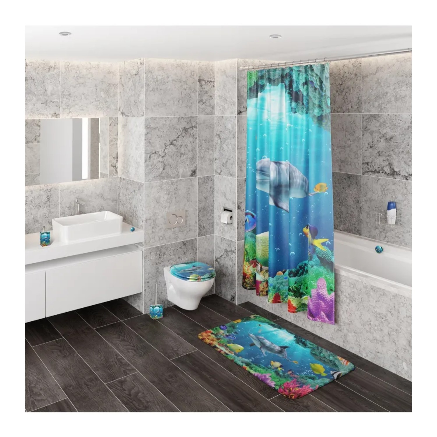 Sanilo Seifenspender Delphin Korallen im Badezimmer-Set mit Duschvorhang und Badematte.