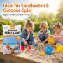 Drei Kinder spielen fröhlich im Sandkasten mit best for kids Spielsand und bunten Förmchen. 25 kg Quarzsand für Outdoor-Spiel.