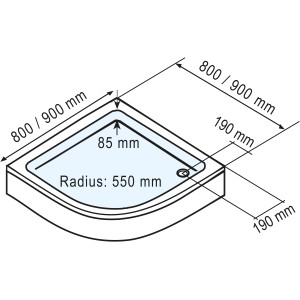 Technische Zeichnung: Schulte Duschwannen-Set Viertelkreis, 90x90 cm, Maße und Details.