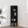 Schwarzes Eckregal in Eichen-Optik, 132 cm hoch, mit vier Fächern für Wohnzimmer.