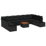 Schwarzes 11-teiliges vidaXL Garten-Sofa-Set aus Poly Rattan mit Kissen und Tisch.