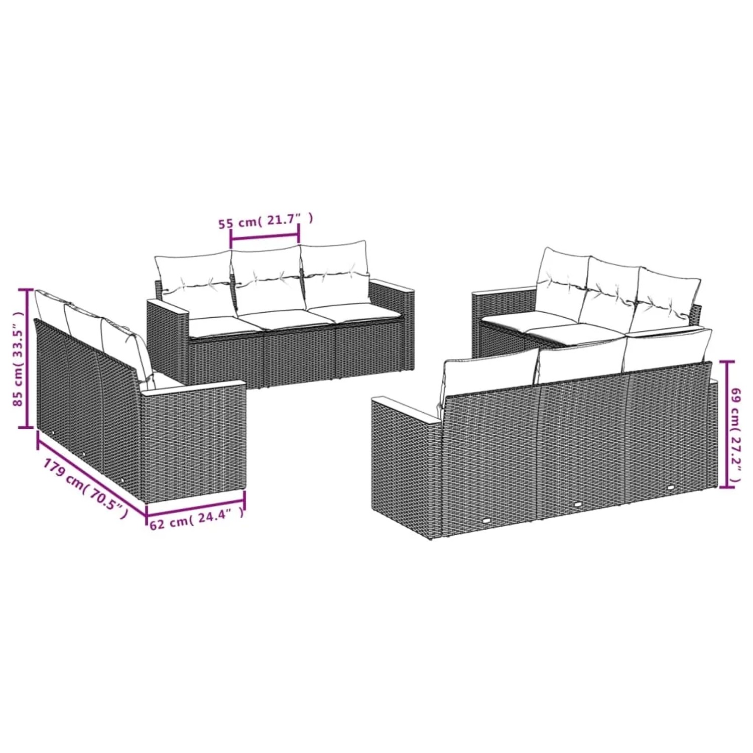 vidaXL 12-tlg. Garten-Sofagarnitur aus schwarzem Poly Rattan mit Kissen.