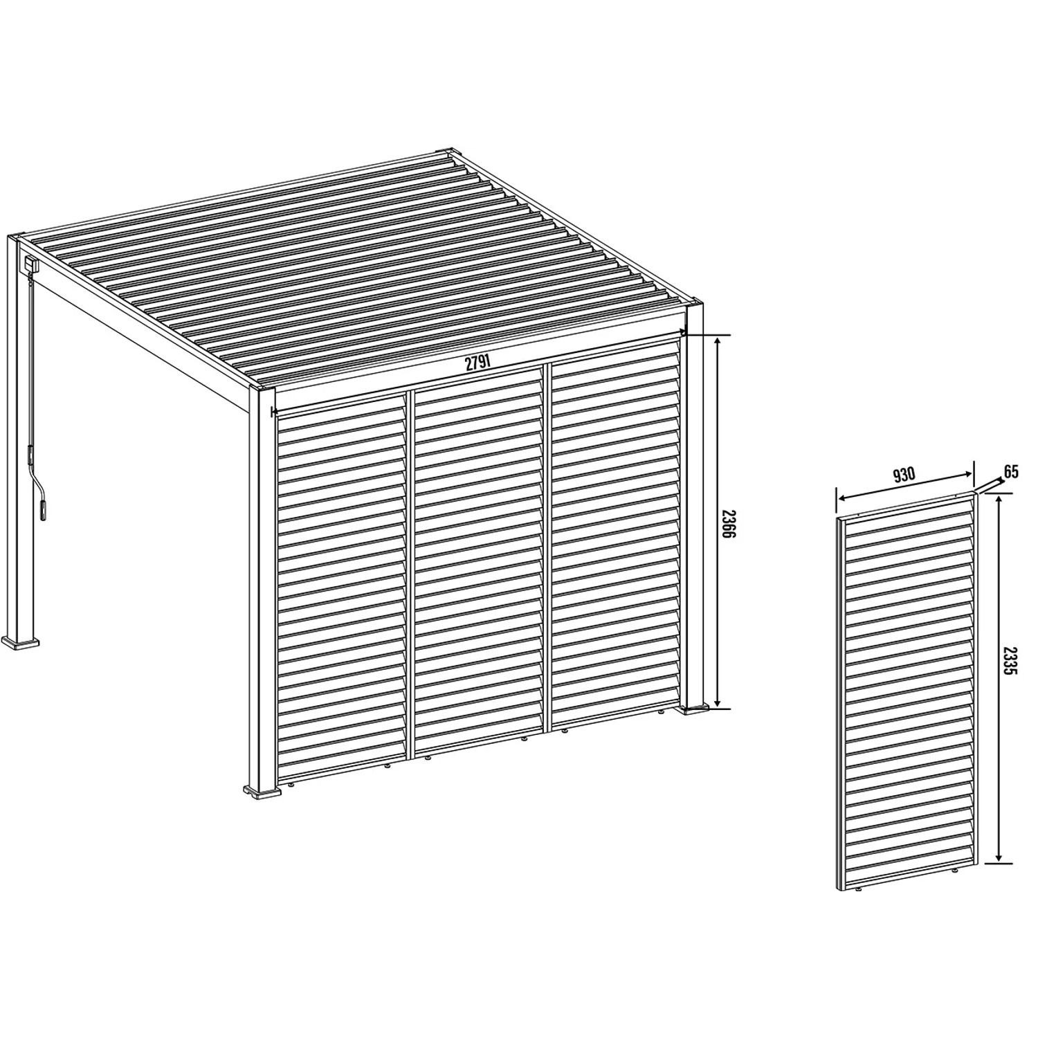 Technische Zeichnung: Weide Lamellenwand 1,13m für Weide Pergola, Anthrazit, Aluminium. Abmessungen.