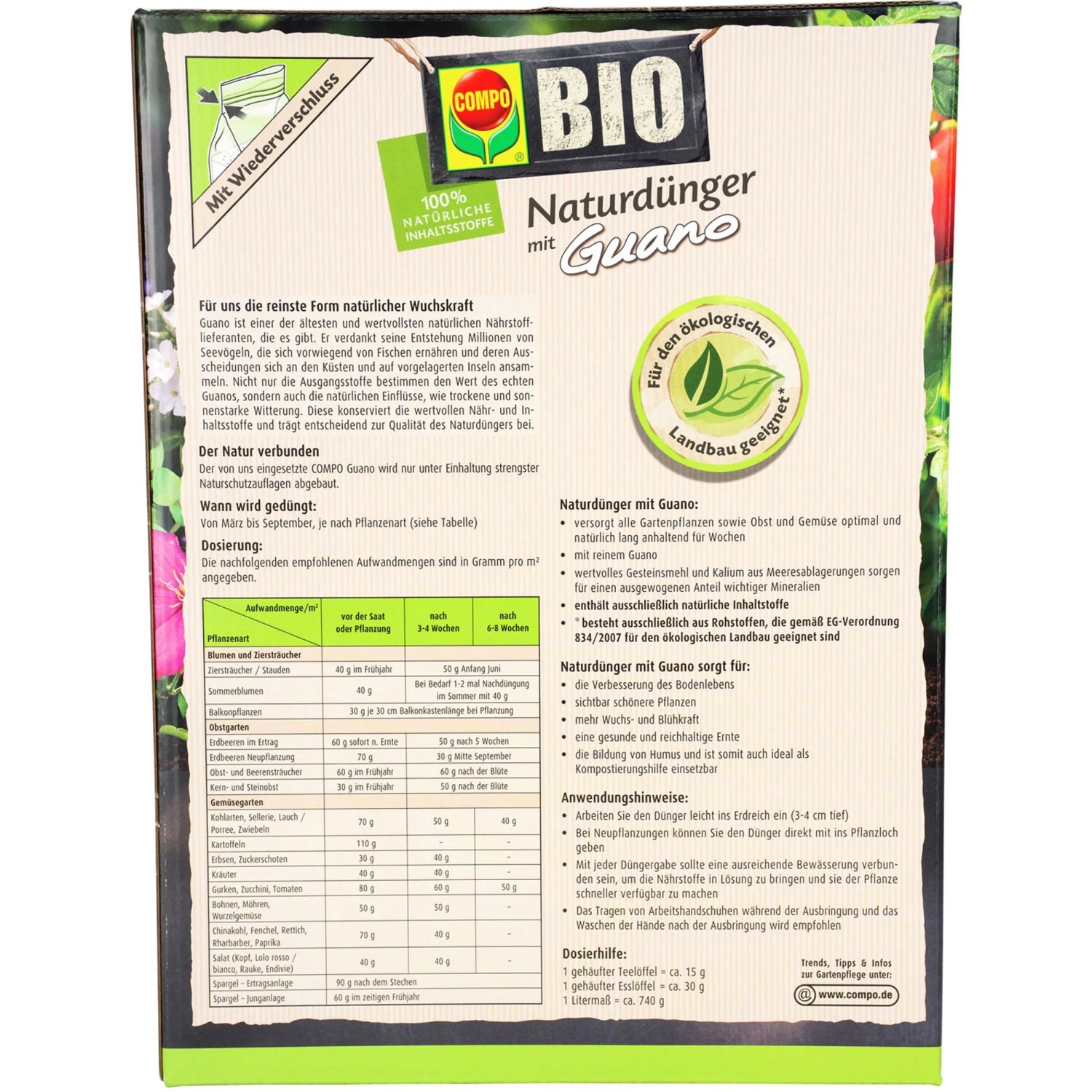 Compo Bio Naturdünger Guano 3 kg: Packung mit Produktinformationen und Hinweisen zur Anwendung.