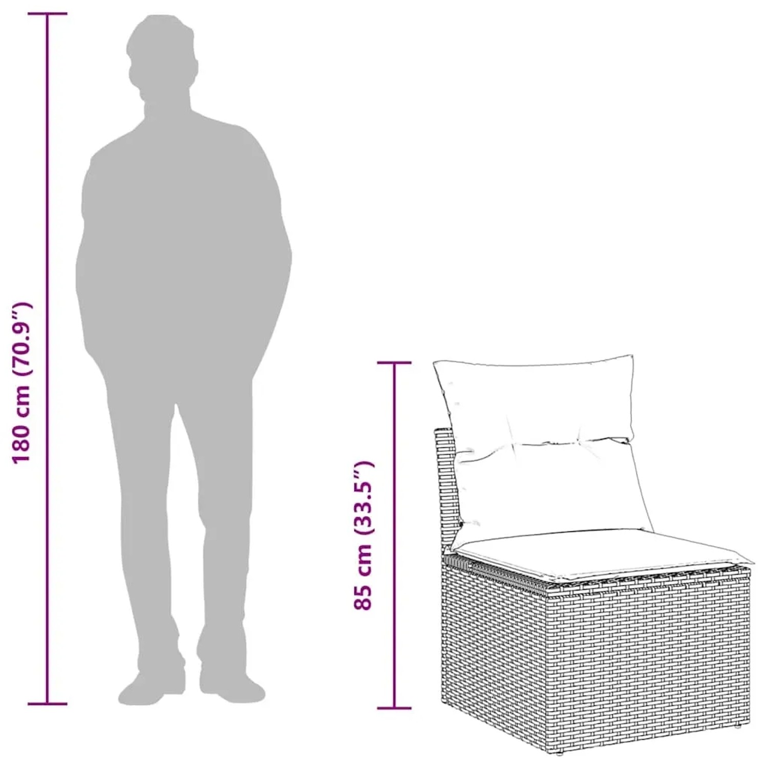 vidaXL Garten-Sofagarnitur, 9-teilig, schwarz, Poly Rattan, mit Kissen, Maßangaben