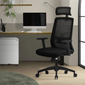 Ergonomischer, schwarzer ML-Design Bürostuhl aus Mesh mit verstellbarer Kopfstütze.