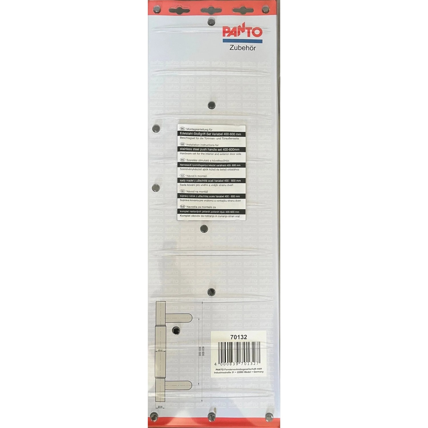 Stoßgriff-Set für Haustüren, Edelstahl, variabel 400-600 mm, zur Montage.
