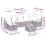 Graues 8-tlg. Garten-Sofa-Set aus Polyrattan mit Tisch und Maßen.