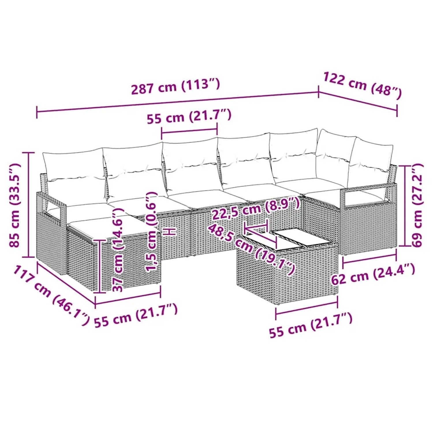 Graues 8-tlg. Garten-Sofa-Set aus Polyrattan mit Tisch und Maßen.