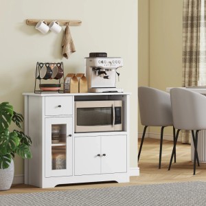 Weißes HOMCOM Küchenschrank Sideboard mit Mikrowellenregal im Küchenbereich.