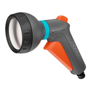 Gardena Bewässerungsbrause Classic, Gartenspritze mit grauem Griff und orangefarbenem Auslöser.