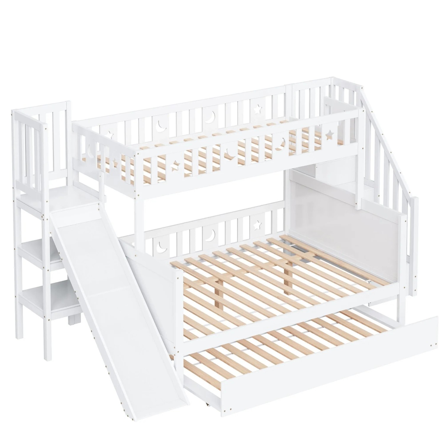 okwish Etagenbett 140x200cm mit Rutsche und Rollbett Kinderzimmer Weiß ohne Matratze