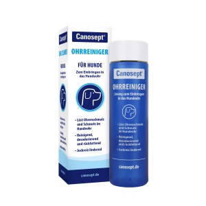 Canosept Ohrreiniger für Hunde, 125ml Flasche und Verpackung. Für die Reinigung und Pflege der Hundeohren.